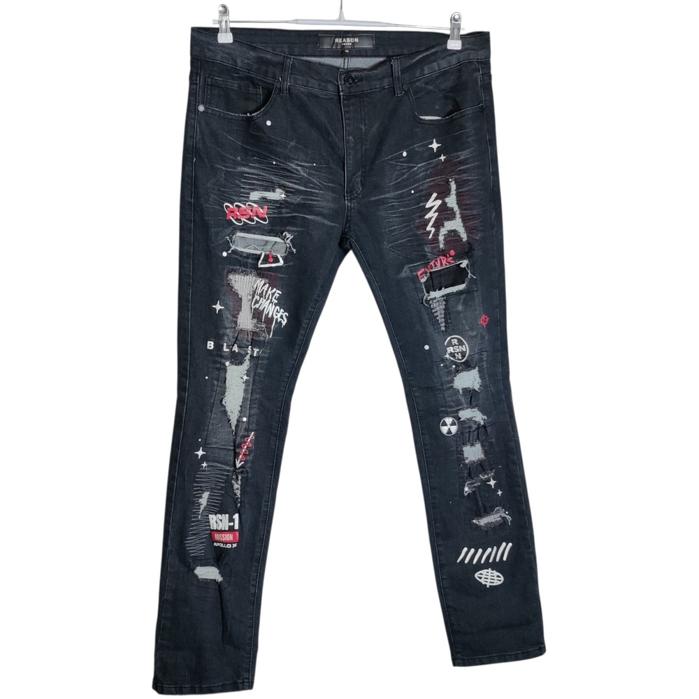 Reason Brand Mens Black Distressed Graphic Patch Streetwear Jeans Size 40 A1-759